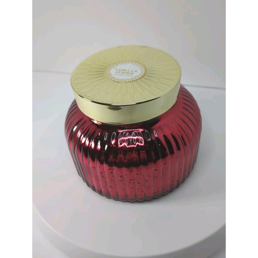 East West Candle Company vanilla & pumpkin scented Red Glass Vessel New 15.6oz